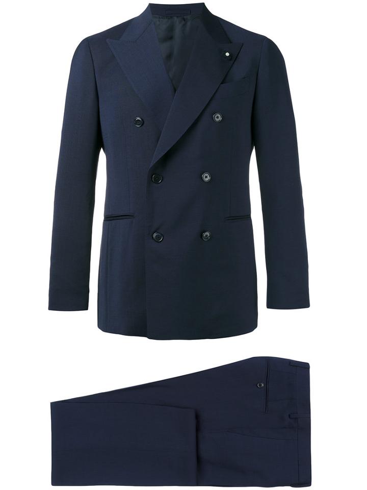 Lardini Double Breasted Suit, Men's, Size: 48, Blue, Cotton/wool/mohair/cupro