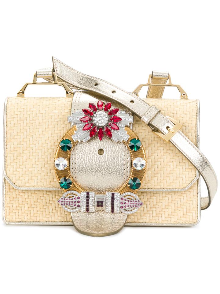 Miu Miu Beige Madras Crystal Raffia Cross Body Bag - White