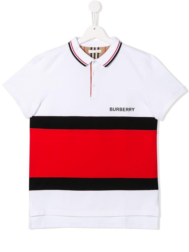 Burberry Kids Teen Stripe Panel Pique Polo Shirt - White