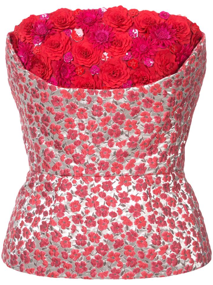 Oscar De La Renta Floral Strapless Peplum Top - Metallic