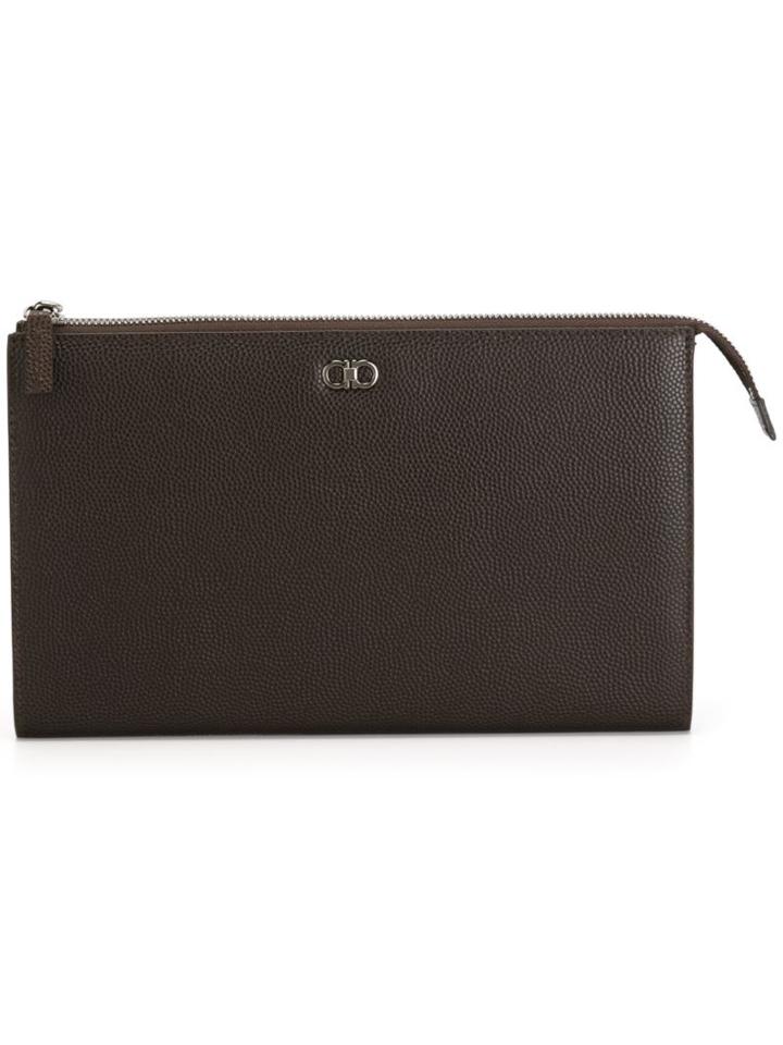 Salvatore Ferragamo Gancio Plaque Clutch, Men's, Brown, Calf Leather