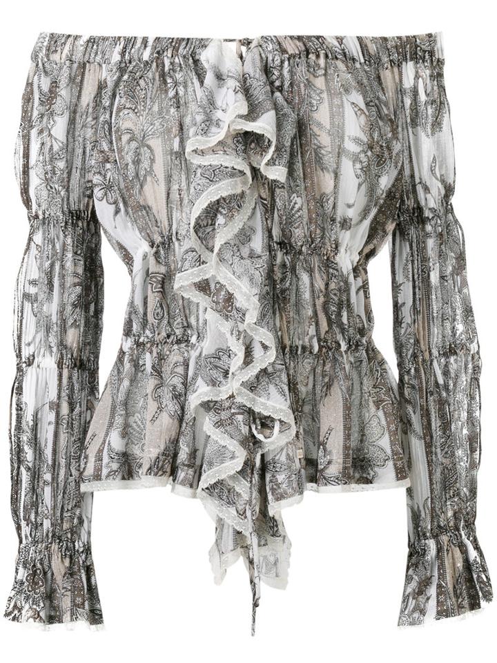 Roberto Cavalli Printed Ruffle Bardot Top, Women's, Size: 38, White, Cotton