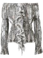Roberto Cavalli Printed Ruffle Bardot Top, Women's, Size: 38, White, Cotton