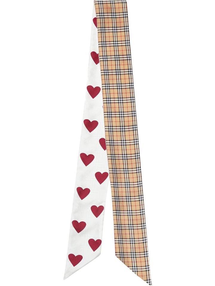 Burberry Small Scale Check And Heart Print Silk Skinny Scarf -