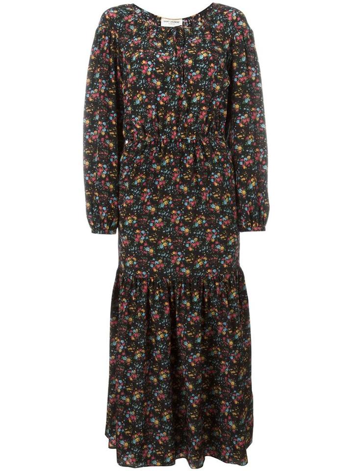 Saint Laurent Floral Print Gypsy Dress, Women's, Size: 36, Black, Silk