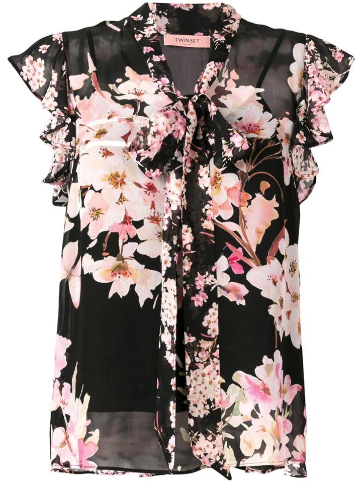 Twin-set Floral Print Pussybow Blouse - Black