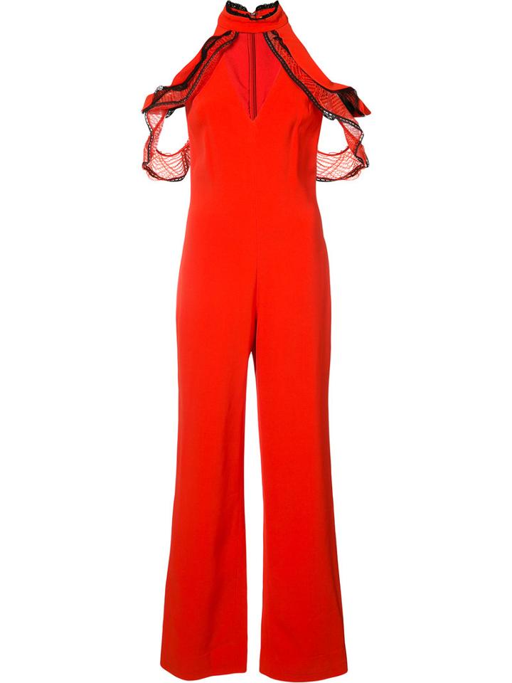 Jonathan Simkhai - Ruffled Cold Shoulder Jumpsuit - Women - Polyester/spandex/elastane/acetate/viscose - 0, Red, Polyester/spandex/elastane/acetate/viscose
