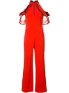 Jonathan Simkhai - Ruffled Cold Shoulder Jumpsuit - Women - Polyester/spandex/elastane/acetate/viscose - 0, Red, Polyester/spandex/elastane/acetate/viscose