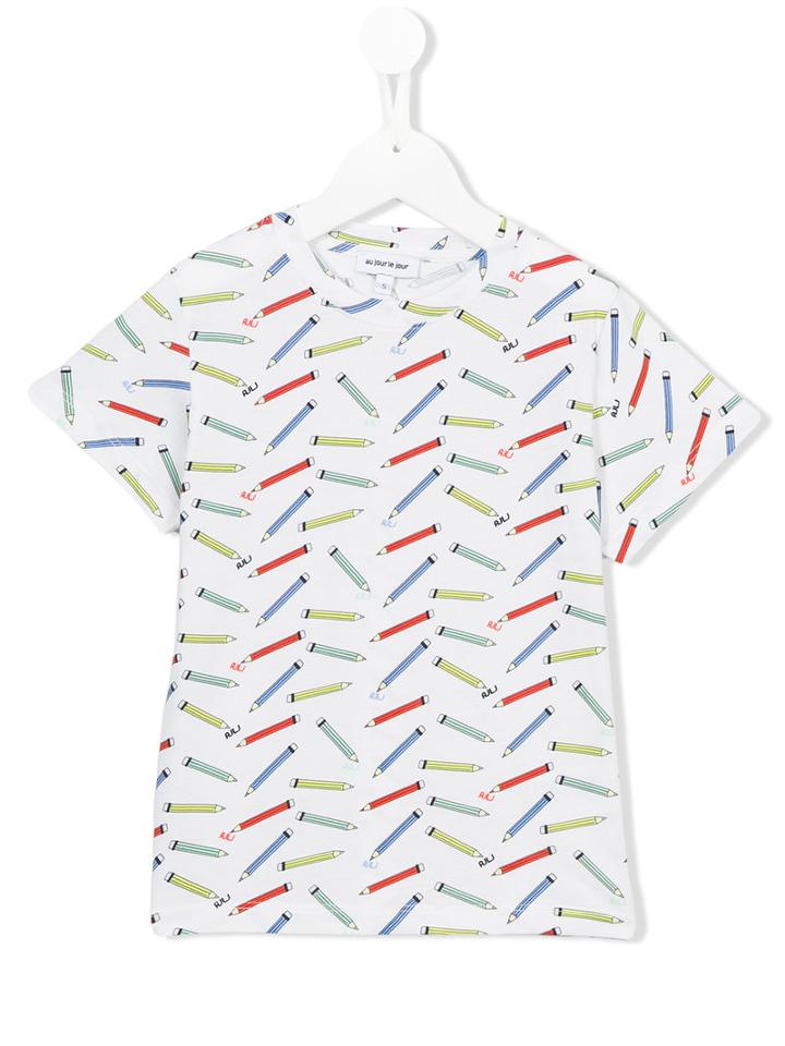 Au Jour Le Jour Kids Pencil Print T-shirt, Boy's, Size: 8 Yrs, White