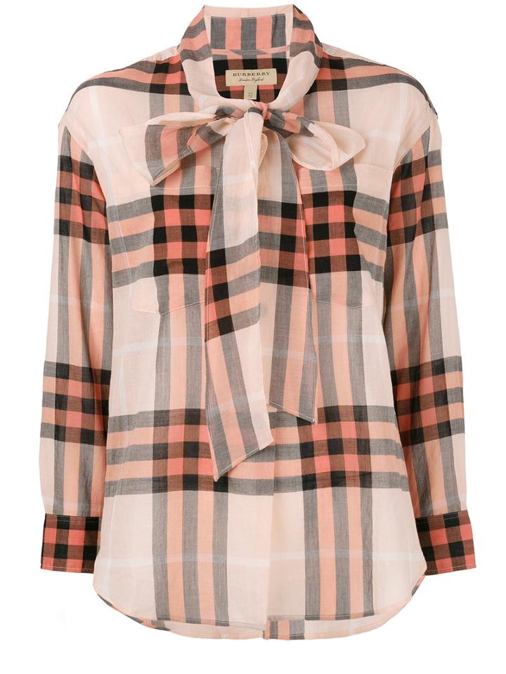Burberry - Neck Tie Plaid Shirt - Women - Cotton - 8, Pink/purple, Cotton