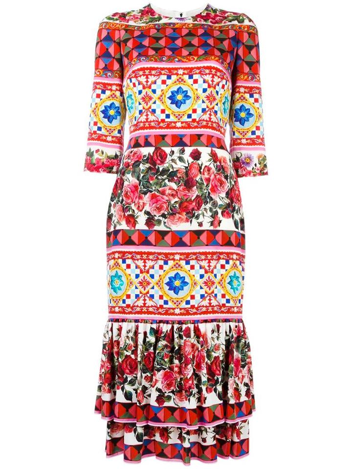 Dolce & Gabbana Mambo Print Peplum Dress, Women's, Size: 42, Pink, Silk/spandex/elastane