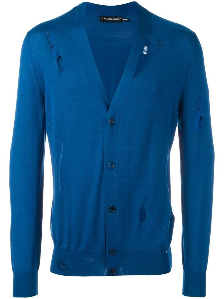 Alexander Mcqueen Distressed Cardigan, Men's, Size: Small, Blue, Wool/silk