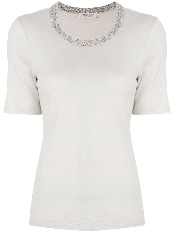 Le Tricot Perugia Knitted Collar Half Sleeve Tee - Nude & Neutrals