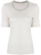 Le Tricot Perugia Knitted Collar Half Sleeve Tee - Nude & Neutrals