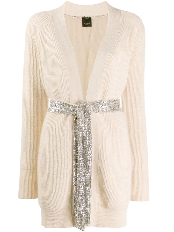Pinko Ribbed Knit Longline Cardigan - Neutrals