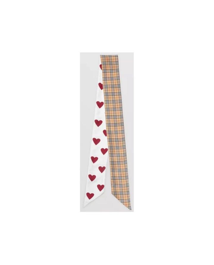 Burberry Small Scale Check And Heart Print Silk Skinny Scarf 21221 -