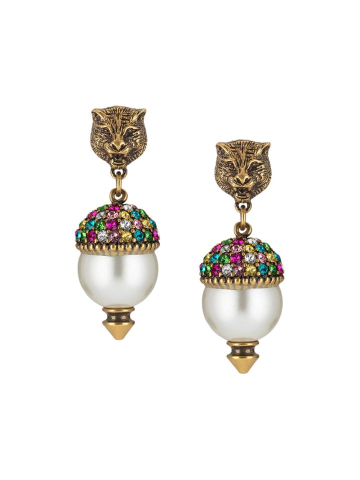 Gucci Feline Earrings With Crystals - Metallic