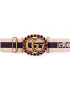 Gucci Gucci Stripe Belt With Double G And Crystals - White