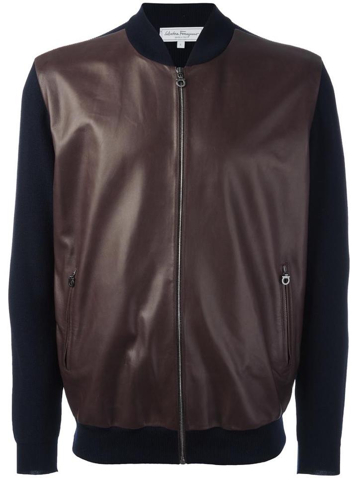 Salvatore Ferragamo Leather Front Bomber Jacket, Men's, Size: Xxl, Blue, Virgin Wool/lamb Skin