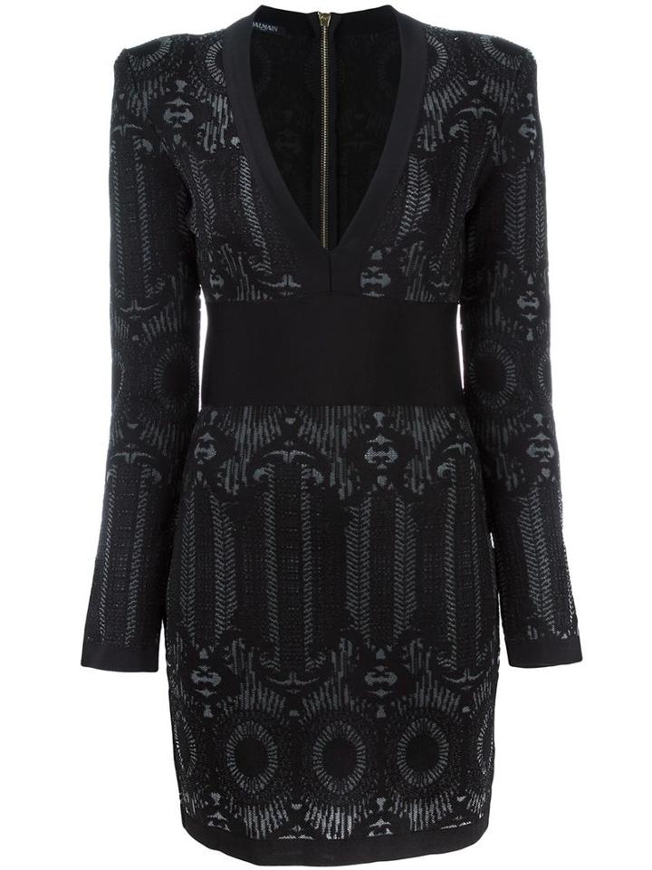 Balmain Embroidered Pattern Fitted Dress, Size: 40, Black, Viscose/polyamide