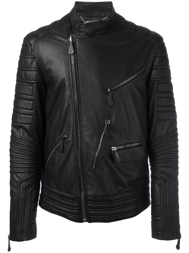 Ribbed Panel Biker Jacket, Men's, Size: Large, Black, Viscose/polyester/lamb Skin, Philipp Plein