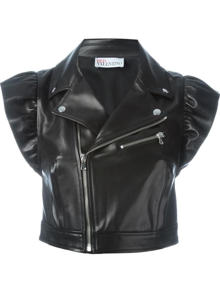 Red Valentino Ruffled Sleeve Biker Jacket, Women's, Size: 42, Black, Lamb Skin/cotton