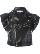 Red Valentino Ruffled Sleeve Biker Jacket, Women's, Size: 42, Black, Lamb Skin/cotton