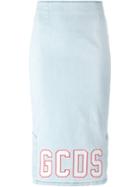 Gcds Embroidered Logo Denim Skirt, Women's, Size: M, Blue, Cotton