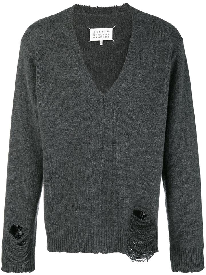 Maison Margiela Distressed V-neck Sweater - Grey