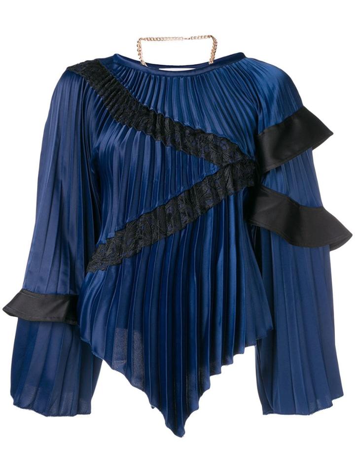 Self-portrait Pleated Contrast Blouse - Blue