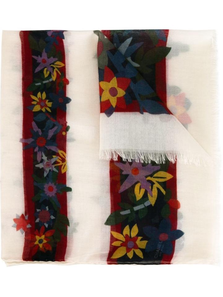 Chanel Vintage Floral Striped Printed Scarf, Women's, White