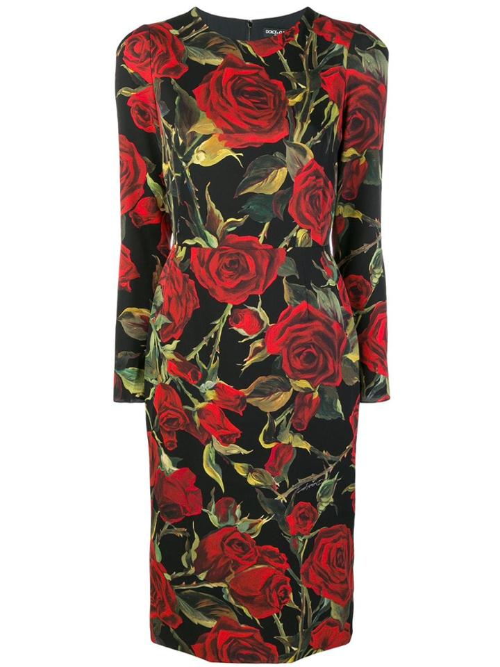 Dolce & Gabbana Rose Print Fitted Dress - Black