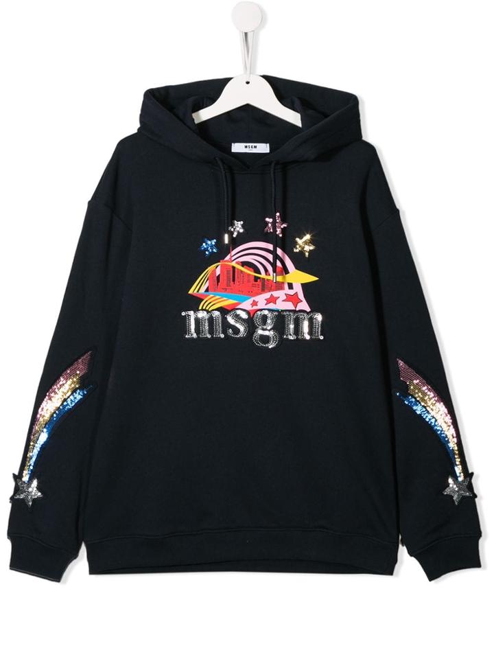 Msgm Kids Teen Logo Print Hoodie - Blue