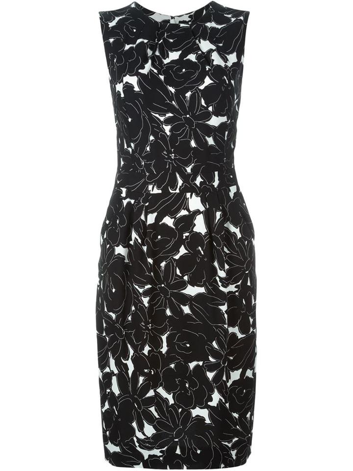 Oscar De La Renta Floral Print Fitted Dress, Women's, Size: 6, Black, Silk/spandex/elastane