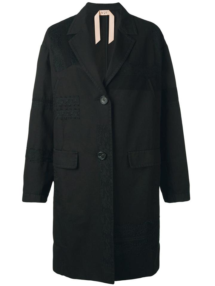 No21 Lace Panel Oversized Coat, Women's, Size: 42, Black, Cotton/linen/flax