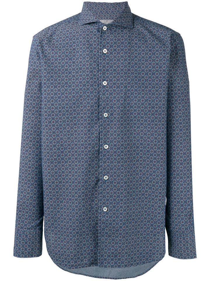 Canali Tile Print Slim-fit Shirt, Men's, Size: Large, Blue, Cotton