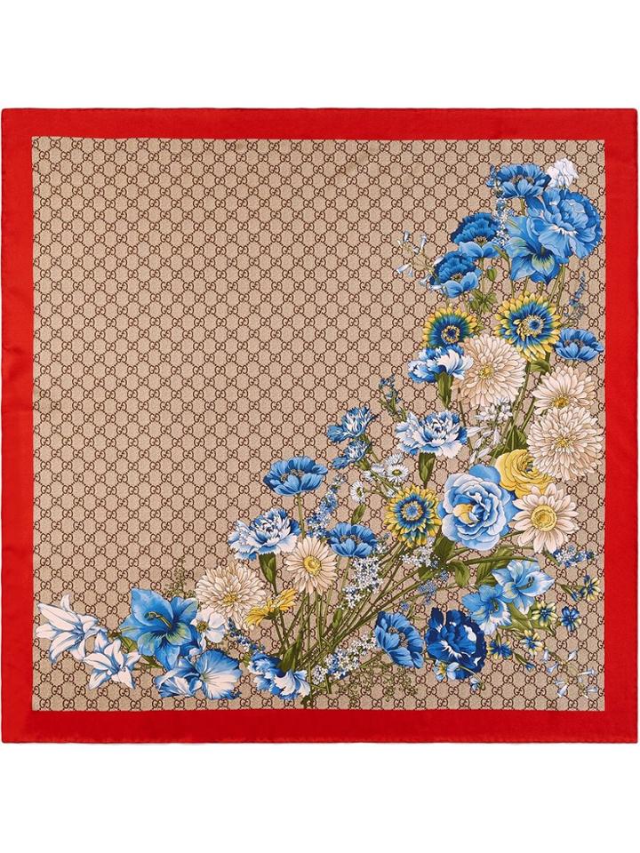 Gucci Gg Bouquets Print Silk Scarf - Red