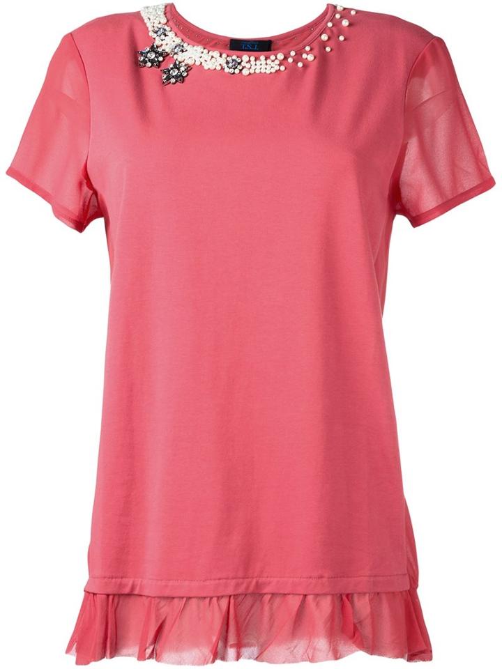Twin-set Pearl Embellished T-shirt, Women's, Size: Xl, Pink/purple, Cotton/spandex/elastane/polyester