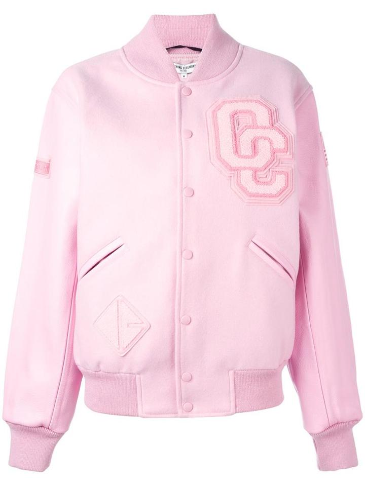 Opening Ceremony Logo Patch Bomber Jacket, Women's, Size: Medium, Pink/purple, Wool/polyester/leather