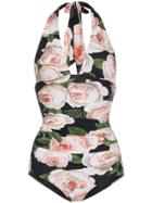 Dolce & Gabbana Rose Print Ruched Halterneck One-piece - Multicolour