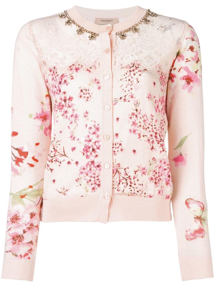 Twin-set Crystal Embellished Floral Lace Cardigan - Pink