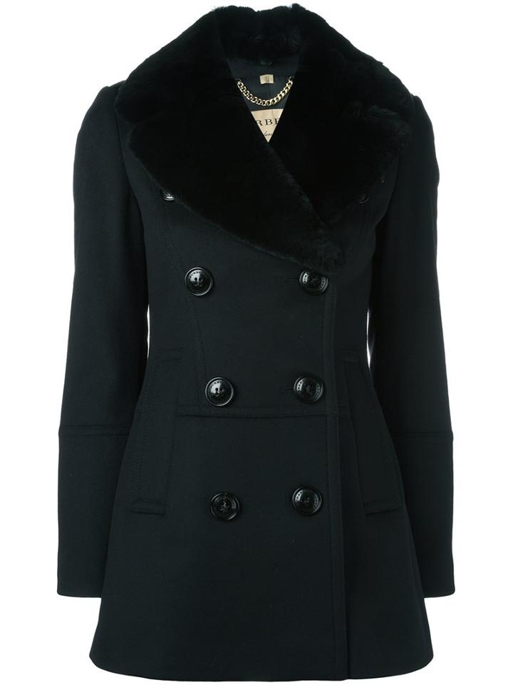 Burberry Double Breasted Coat, Women's, Size: 4, Black, Rabbit Fur/acetate/viscose/wool