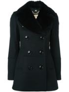 Burberry Double Breasted Coat, Women's, Size: 4, Black, Rabbit Fur/acetate/viscose/wool