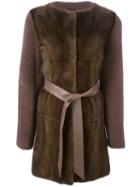 Liska - Contrasting Front Belted Coat - Women - Lamb Skin/lamb Fur - L, Brown, Lamb Skin/lamb Fur
