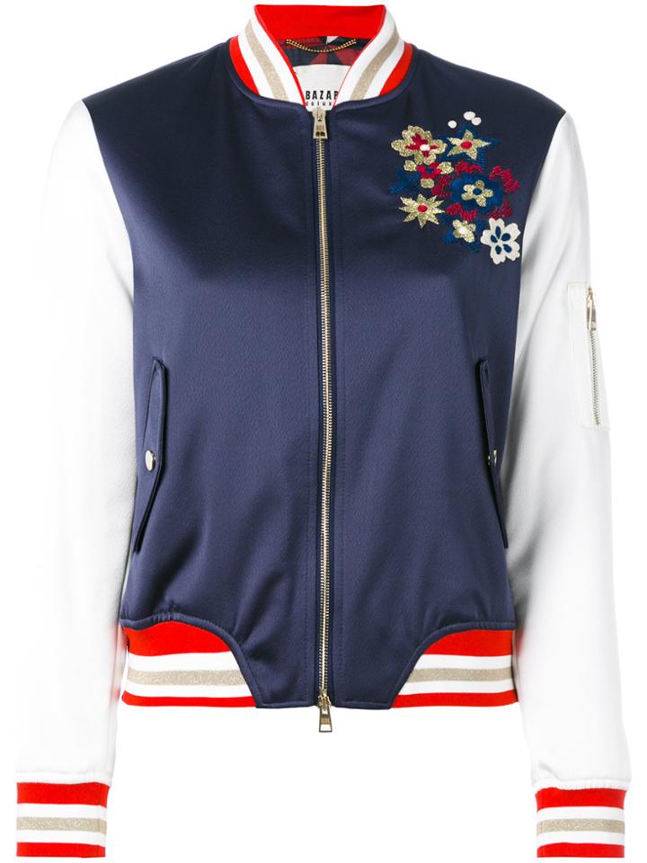 Bazar Deluxe Floral Embroidery Bomber Jacket - Blue
