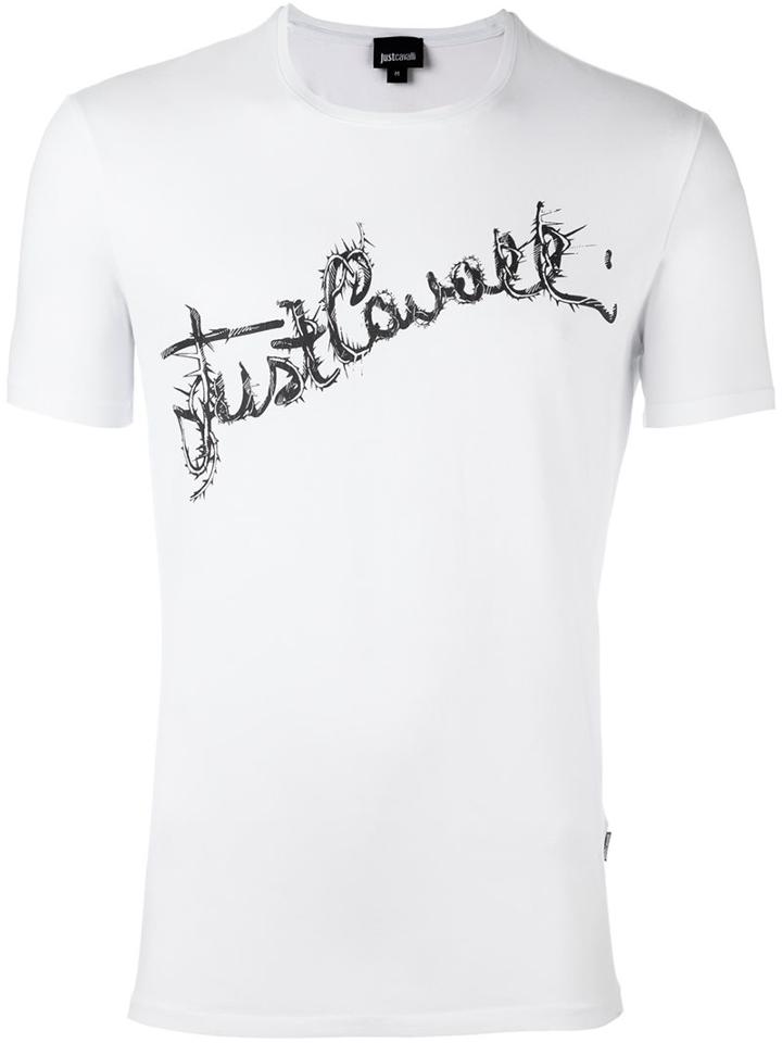 Just Cavalli Logo Print T-shirt, Men's, Size: Medium, White, Cotton/spandex/elastane