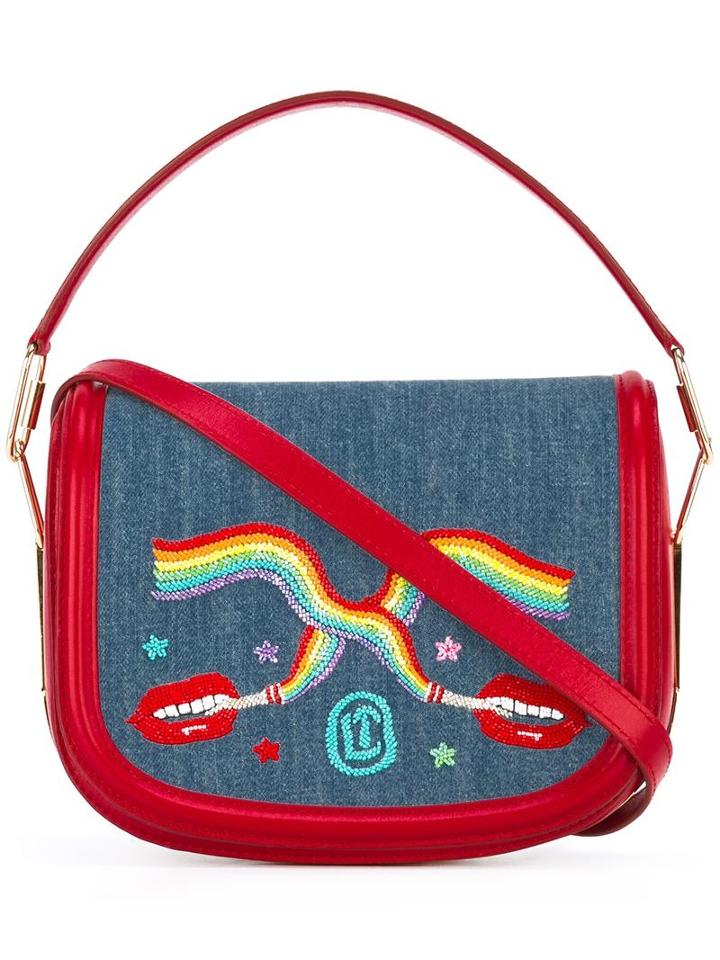 Olympia Le-tan Smoking Lips Embroidered 'carson' Shoulder Bag, Women's, Blue, Cotton/calf Leather/pvc/metal