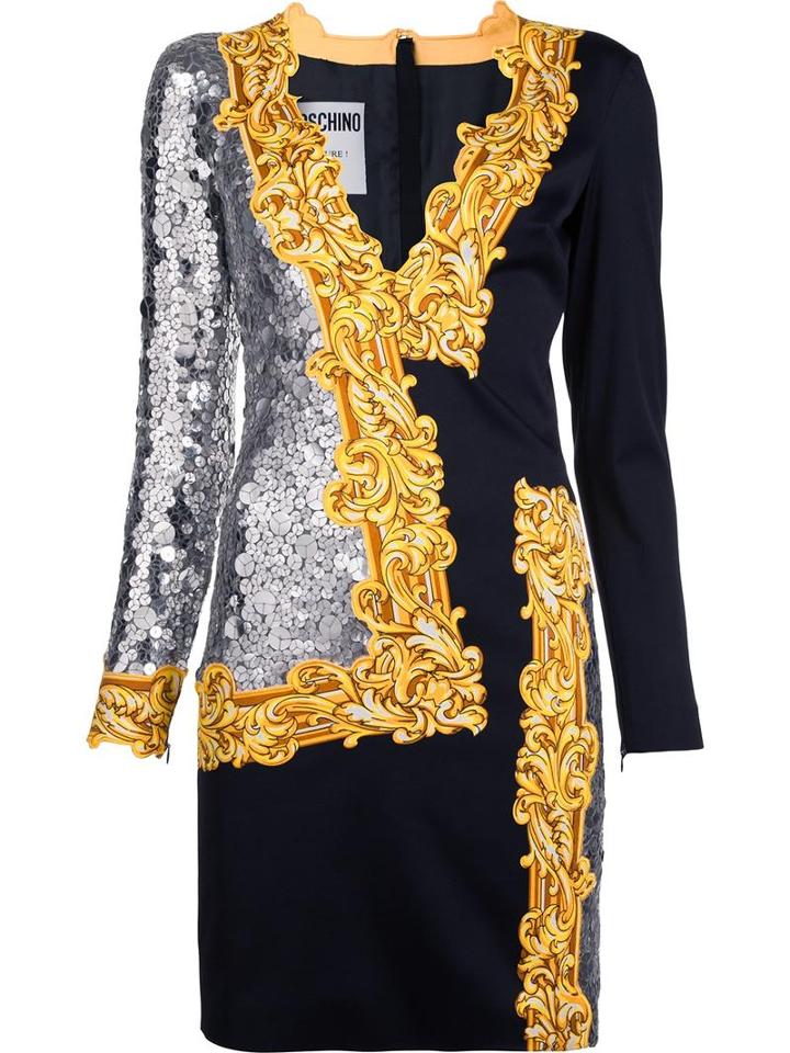 Moschino Long Sleeve Sequin Mirror Dress, Women's, Size: 40, Black, Rayon/other Fibers/polyester