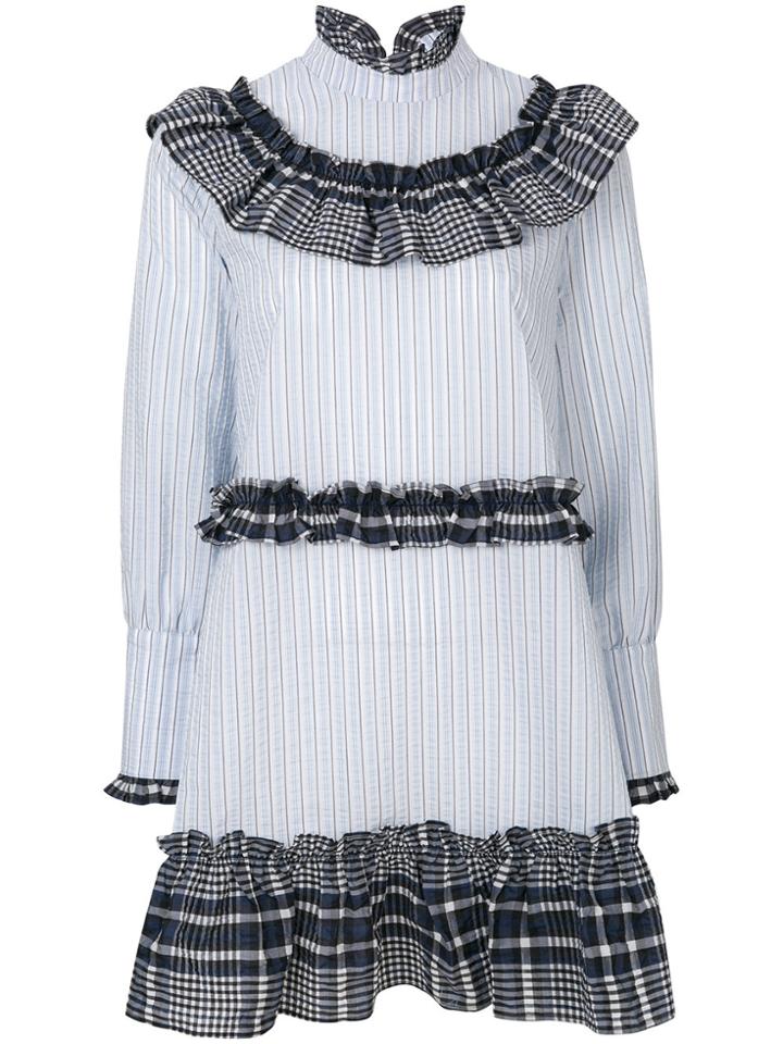 Ganni Gathered Gingham Dress - Blue