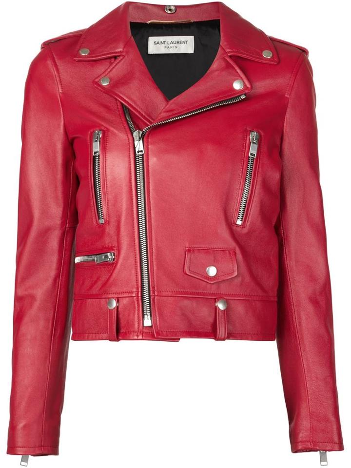 Saint Laurent Classic Biker Jacket, Women's, Size: 40, Red, Cotton/lamb Skin/cupro